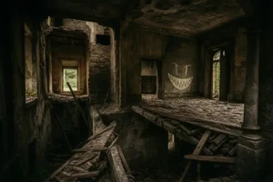 Interior of a crumbling, fire-damaged building with collapsed flooring, charred walls, and exposed structure, highlighting the need for complete restoration and debris removal.