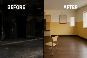 Side-by-side comparison of a fire-damaged room with blackened walls and debris, transformed into a clean, repainted space with new flooring and restored structure, showing the impact of professional recovery services.
