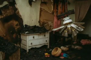 Charred bedroom interior with collapsed ceiling fan, scorched walls, and scattered debris, illustrating the extensive cleanup and repair needed after a residential fire.