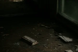 Damaged wooden floor covered in soot, ash, and broken debris near a smoke-stained window, representing the aftermath of a house fire and the need for interior cleanup and damage control services.