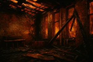 Severely burned room with exposed brick walls and collapsed roof beams, illustrating the aftermath of a residential fire cleanup scene