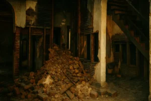 Heavily damaged building interior with collapsed bricks, exposed lath, and blackened walls, illustrating severe structural loss and the need for debris removal and interior reconstruction.
