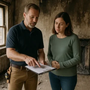 Homeowner discussing damage assessment with a contractor inside a fire-affected room, reviewing a repair estimate for cleanup and rebuilding work.