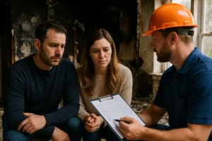 Concerned couple meeting with a contractor inside a fire-damaged home, reviewing repair estimates while surrounded by charred walls and debris, representing the early stages of fire damage recovery and restoration planning.