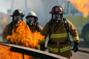 Firefighters in protective gear working through intense flames during a house fire, symbolizing the beginning stages of cleanup and recovery after severe fire damage.