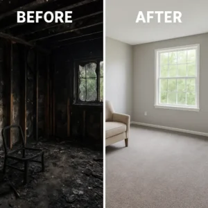 Side-by-side image showing a burned interior before cleanup and the same room fully restored after home fire damage cleanup and renovation