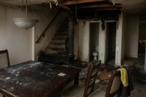 Damaged dining area with collapsed ceiling, scorched walls, and debris scattered throughout, showing the need for professional fire cleanup and smoke odor removal