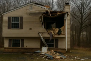 Severely damaged home with a collapsed upper floor and debris scattered in the yard, illustrating extensive fire-related destruction and the need for structural repairs and disaster recovery services.