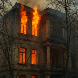 Two-story stone home with intense flames bursting from upper windows, illustrating the extent of destruction requiring full-scale property recovery and rebuilding.