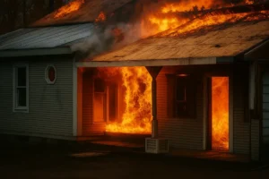 A single-story home engulfed in flames with a collapsing roof and heavy smoke, showing the severe destruction that leads to the need for professional fire recovery and home repair services.