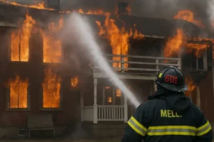 Firefighter spraying water on a fully engulfed two-story home, capturing the urgency of emergency fire response and property protection efforts
