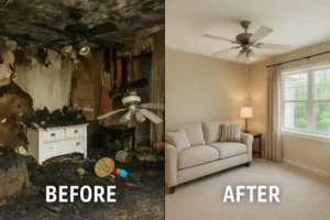 Side-by-side comparison of a fire-damaged living room with soot-covered walls and debris, and the fully restored space featuring clean walls, new furniture, and a bright window, demonstrating a successful home recovery transformation.