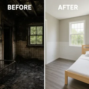 Before and after image showing fire-damaged bedroom transformed through complete smoke and fire damage cleanup and restoration services
