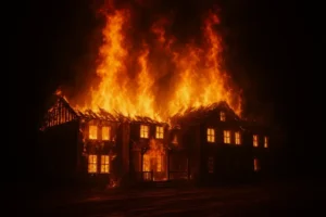 A large wooden home completely ablaze at night with intense flames and smoke, illustrating the aftermath of a severe house fire and the need for rapid cleanup and rebuilding services