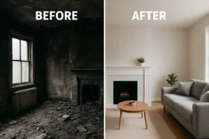 Side-by-side view of a fire-damaged room with soot-covered walls and debris contrasted with the same room fully restored, featuring clean walls, new furnishings, and a refinished fireplace.