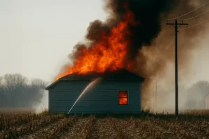 A rural home engulfed in flames with heavy smoke and firefighting efforts underway, illustrating the urgent need for professional cleanup and recovery services after a house fire.