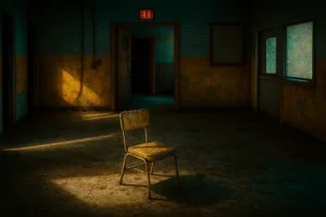 Abandoned room with smoke-stained walls, cracked paint, and scattered debris, representing the aftermath of a building fire and the urgent need for property damage cleanup and repair services.